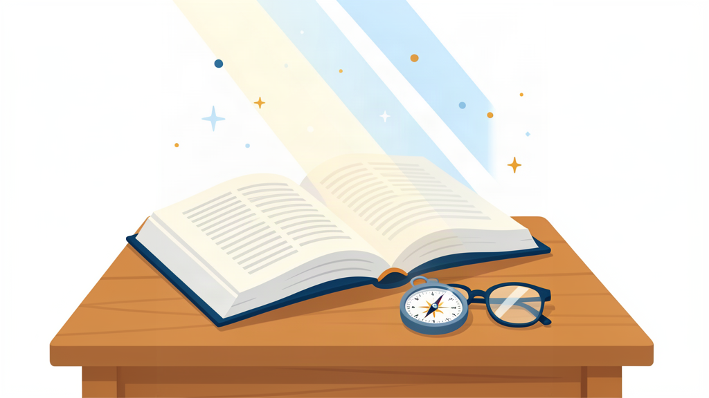 An open Bible with a compass and reading glasses in morning light.