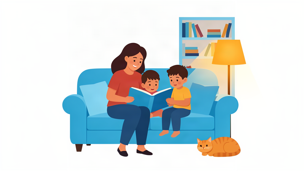A parent reading a storybook with two children on a cozy sofa.