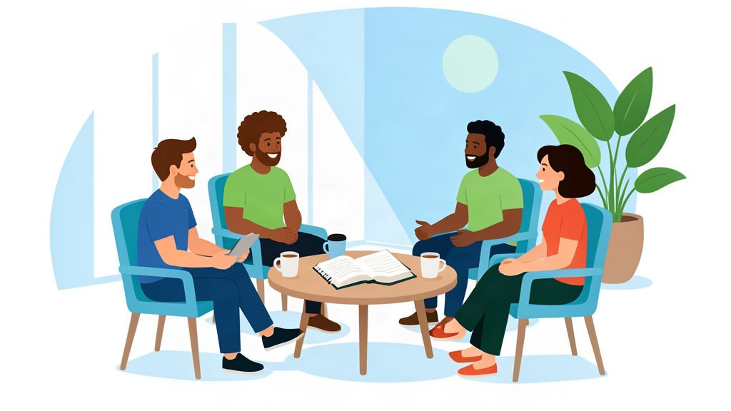 A small group in a circle with an open Bible and notebooks.