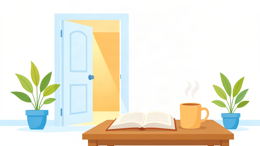 An open door with morning light, an open Bible and a warm mug on the table — a weekly appointment with God.
