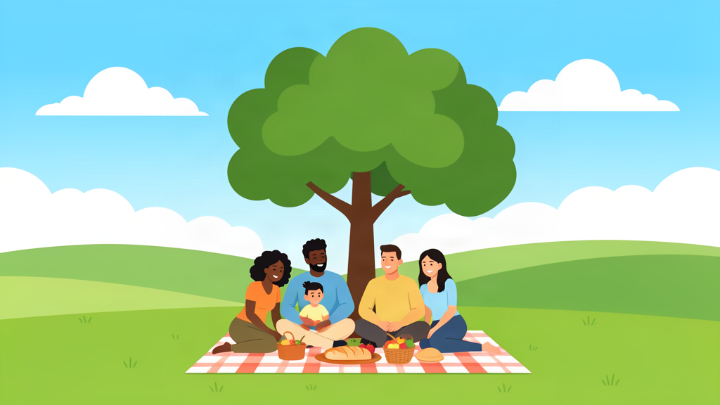 A family resting under a tree on a bright Sabbath morning.